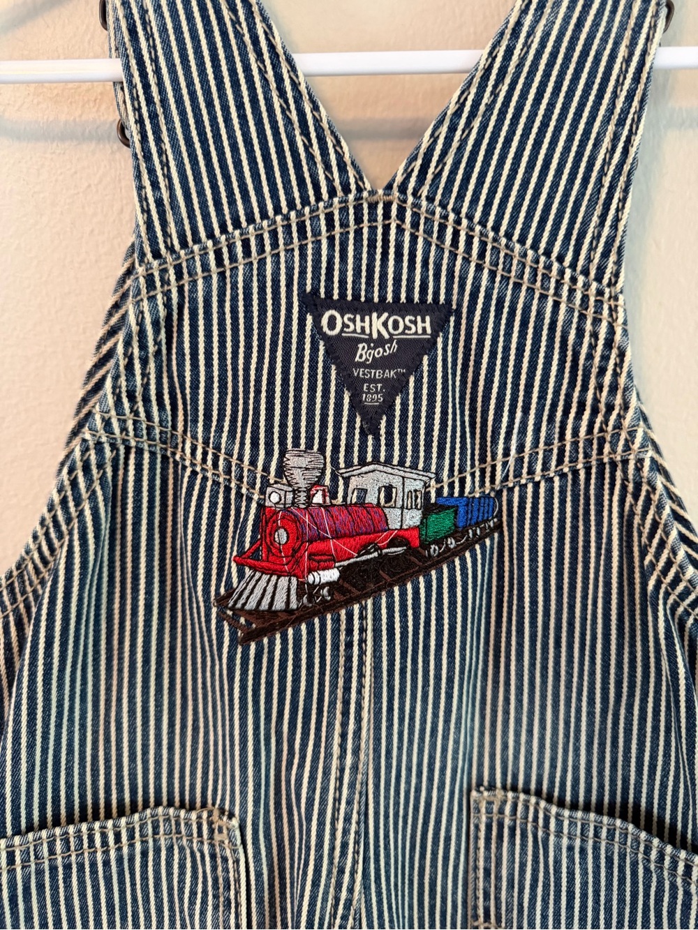 OshKosh B'gosh Blue and White Stripe Train Patch Overalls - Picture 3 of 4